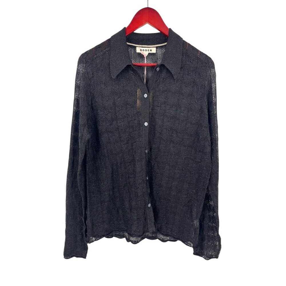 BODEN Women's Black Sheer Knitted Metallic Beach Shirt Cardigan NWT Small